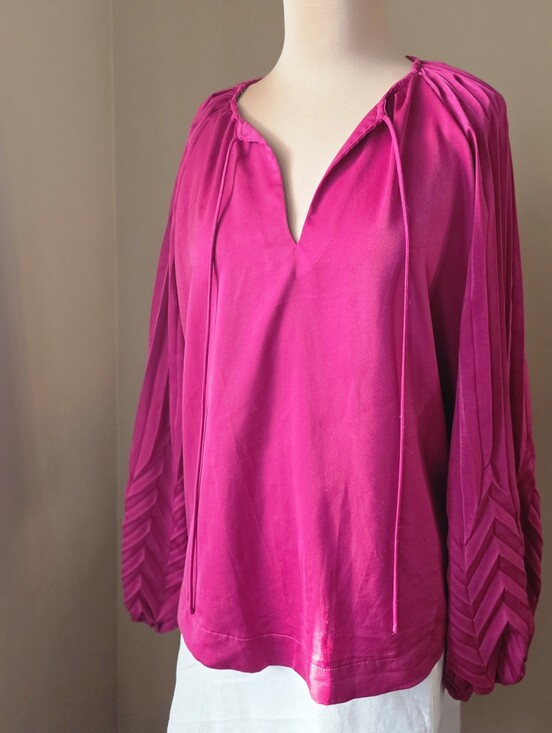 Umgee Tops - Umgee Magenta Pleated Sleeve Neck Tie Blouse V-Neck Boho Peasant Top Pink Small